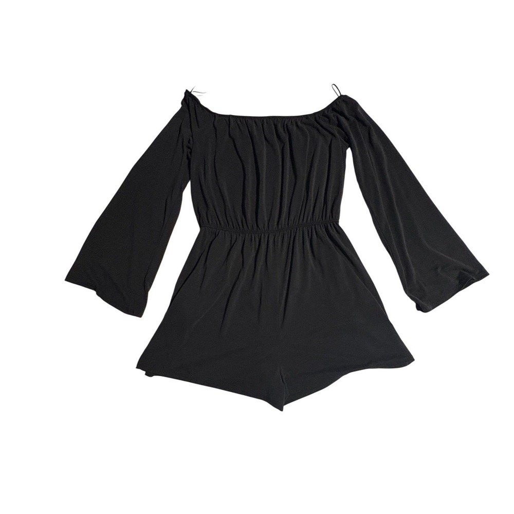 Soft Black Off The Shoulder Bell Sleeve Romper Shorts with Pockets Women S - Picture 1 of 10